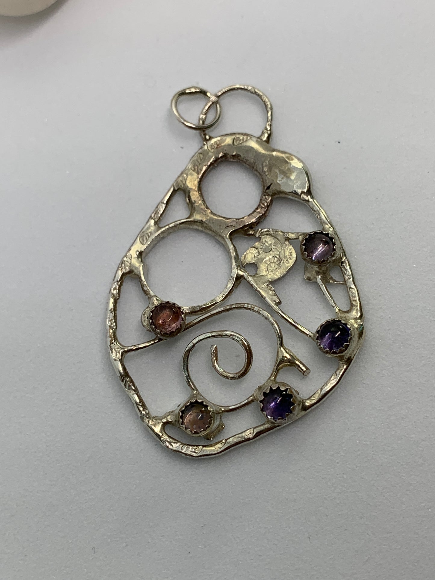 Large Abstract Filigree Sterling Silver Pendant with Tourmaline and Iolite Stones