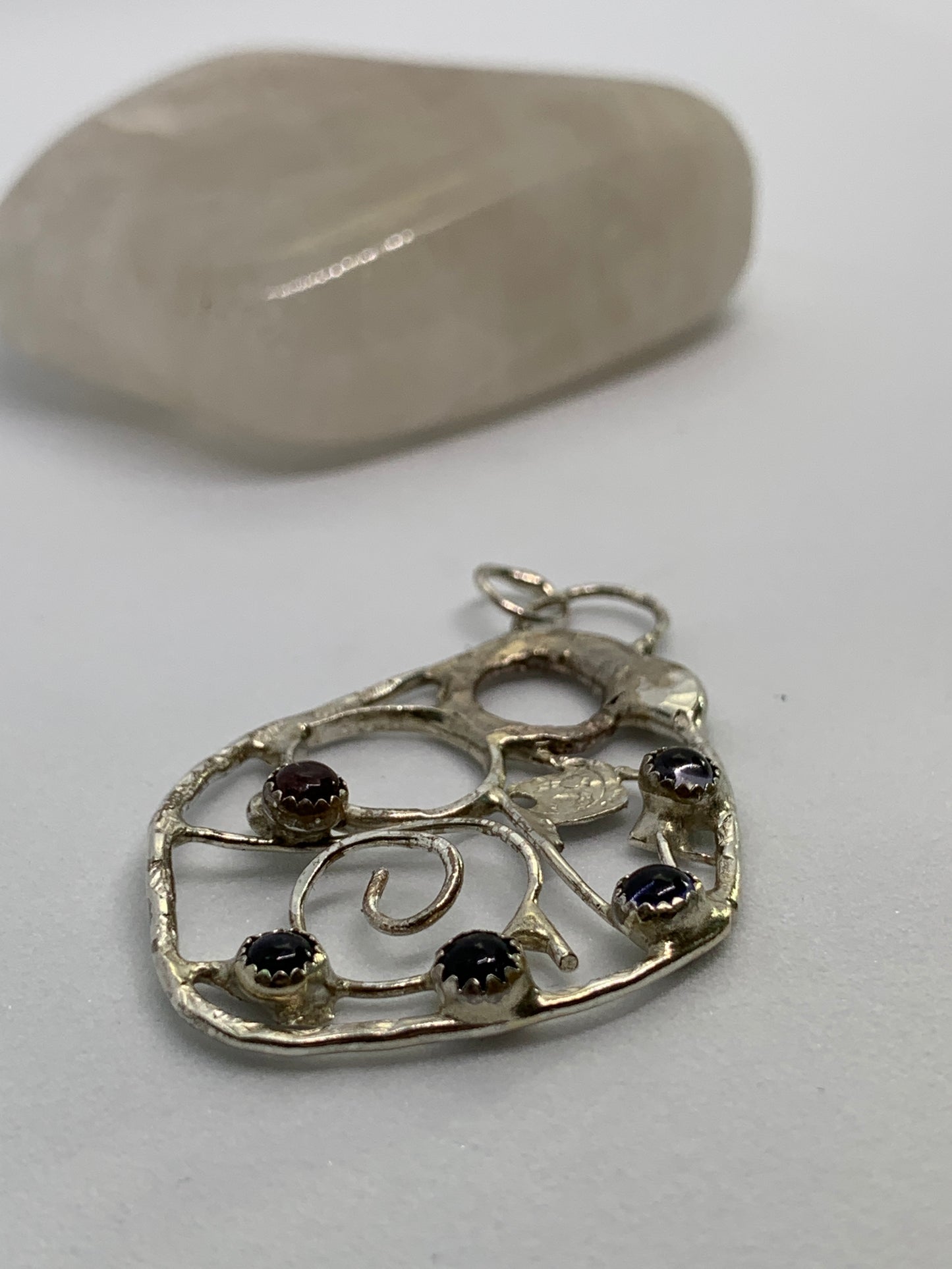 Large Abstract Filigree Sterling Silver Pendant with Tourmaline and Iolite Stones