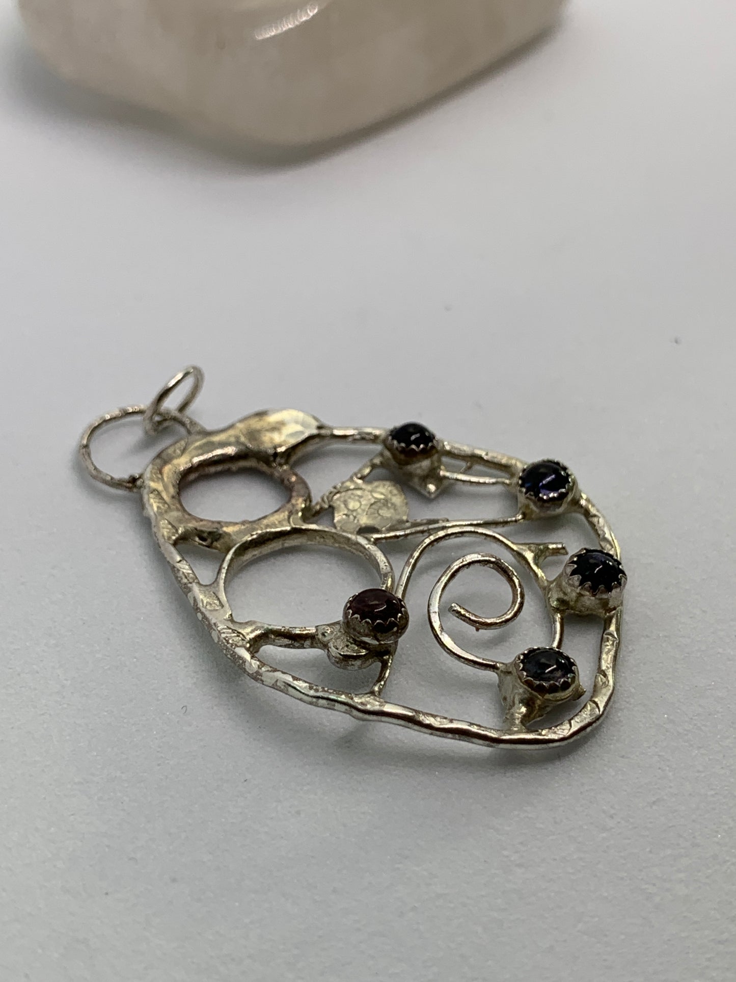 Large Abstract Filigree Sterling Silver Pendant with Tourmaline and Iolite Stones