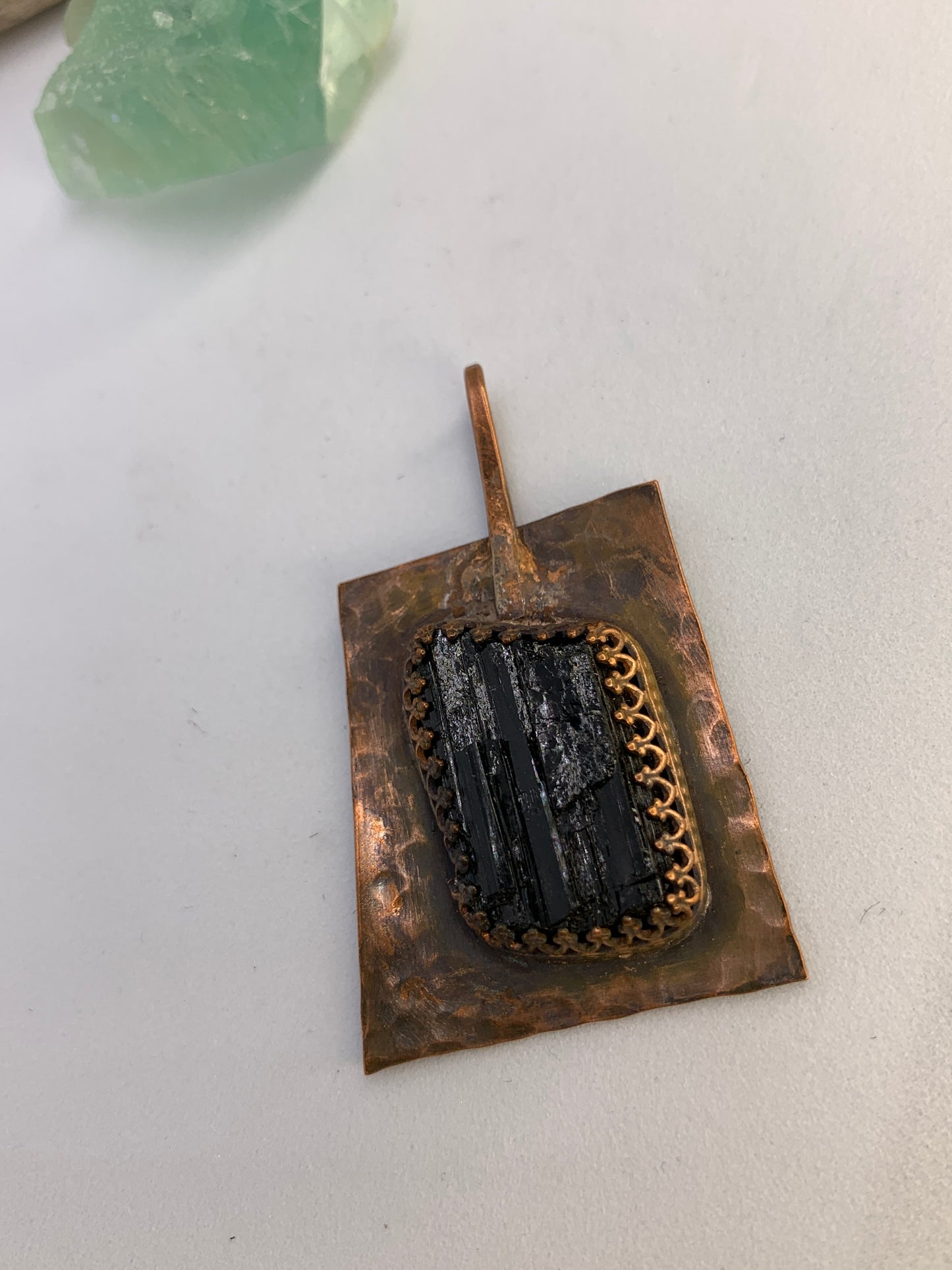 Large Raw Black Tourmaline Copper Geometric Pendant