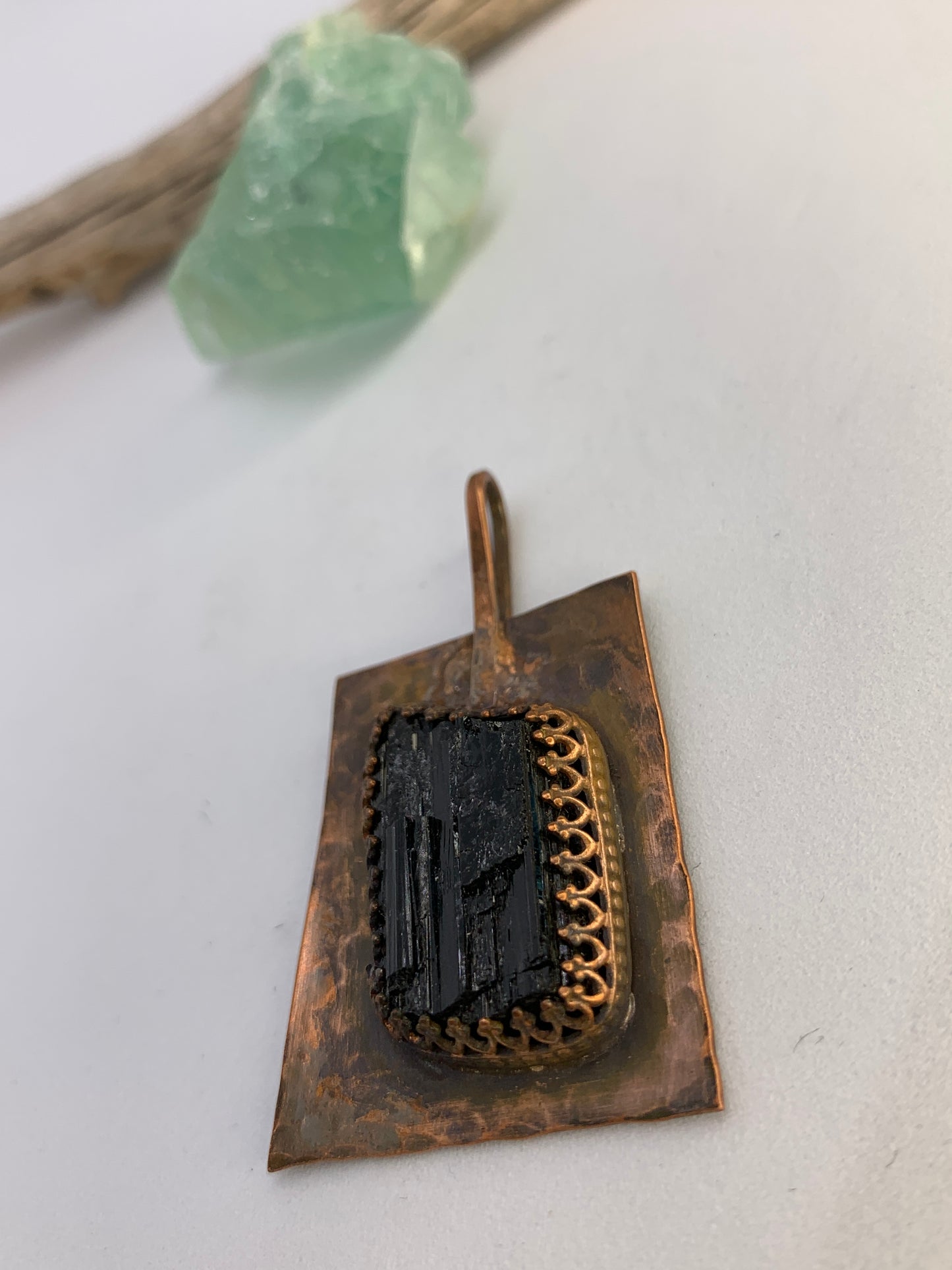 Large Raw Black Tourmaline Copper Geometric Pendant