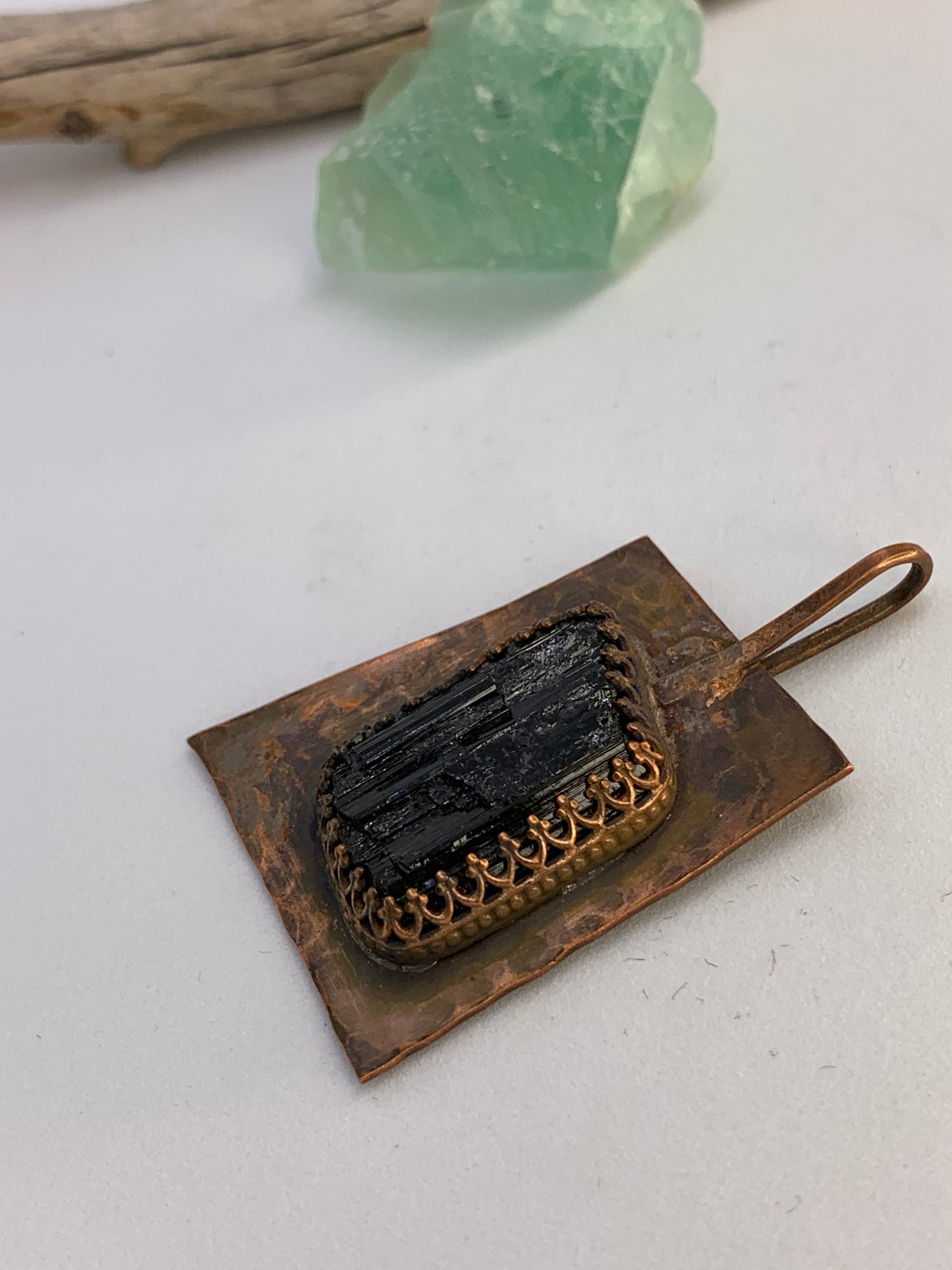 Large Raw Black Tourmaline Copper Geometric Pendant