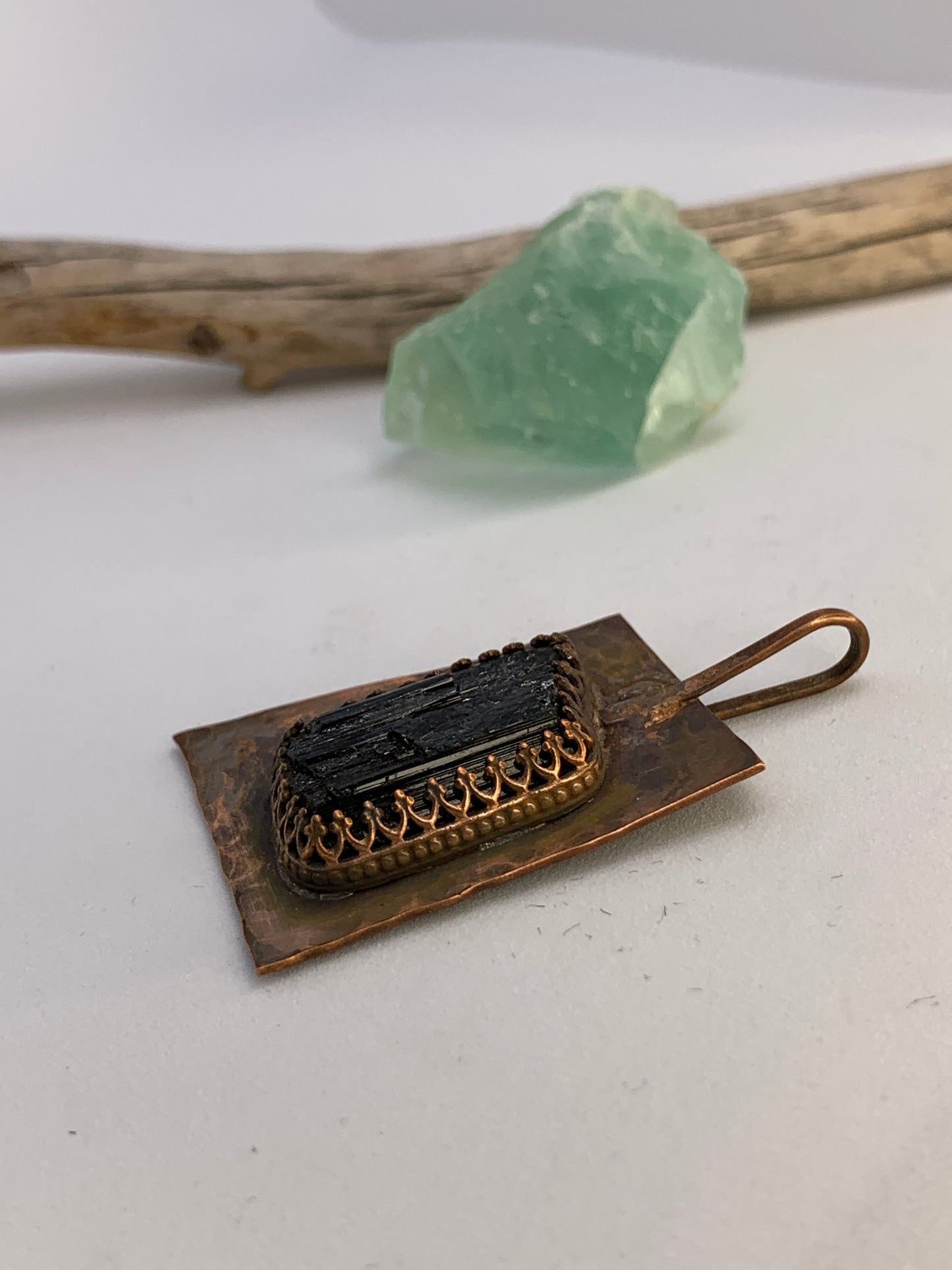 Large Raw Black Tourmaline Copper Geometric Pendant