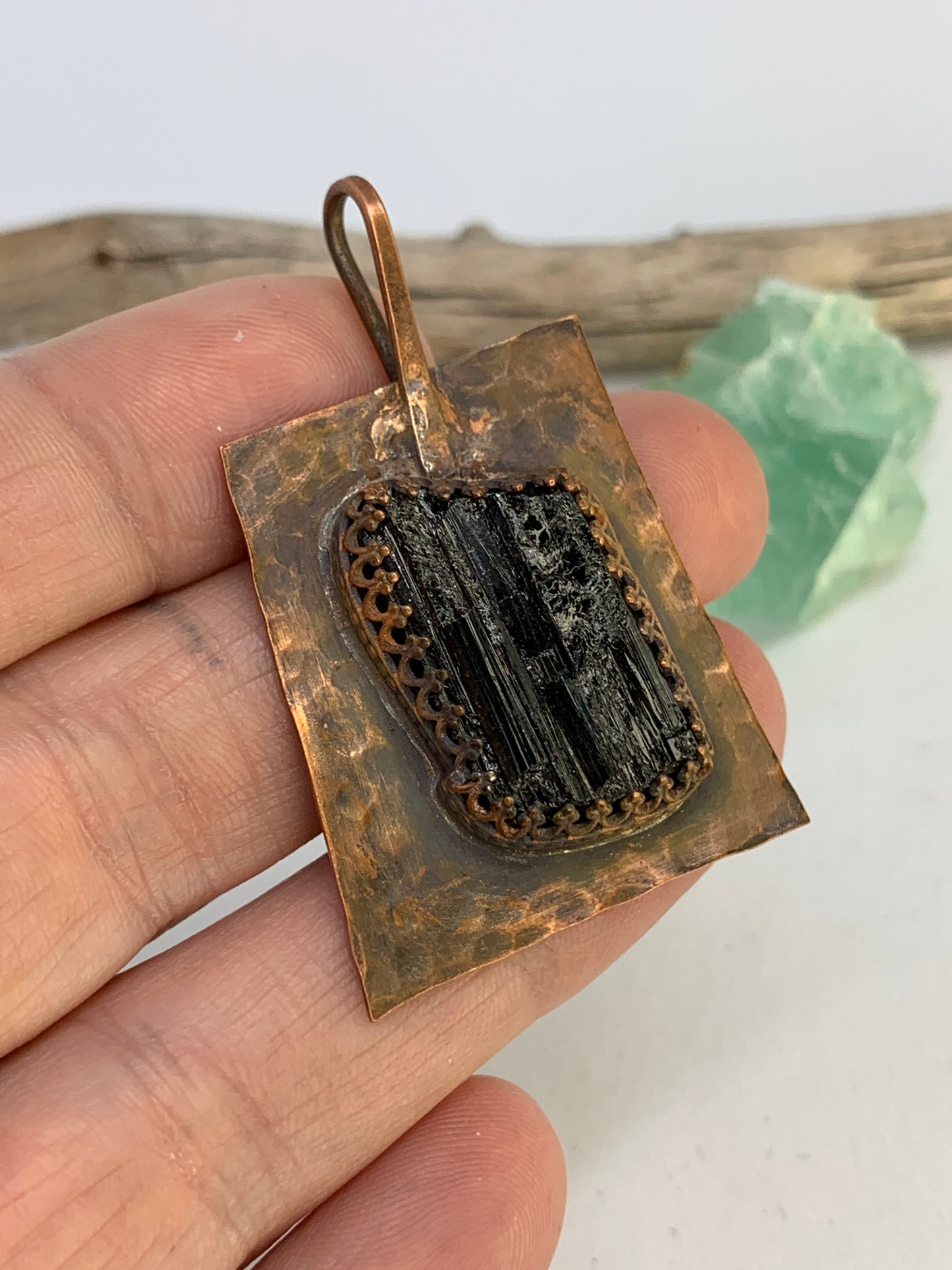 Large Raw Black Tourmaline Copper Geometric Pendant