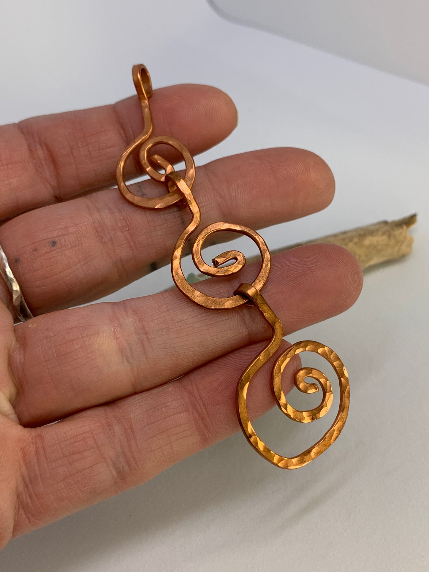 Large Geometric Unique Hammered Copper Spiral Trinity Pendant