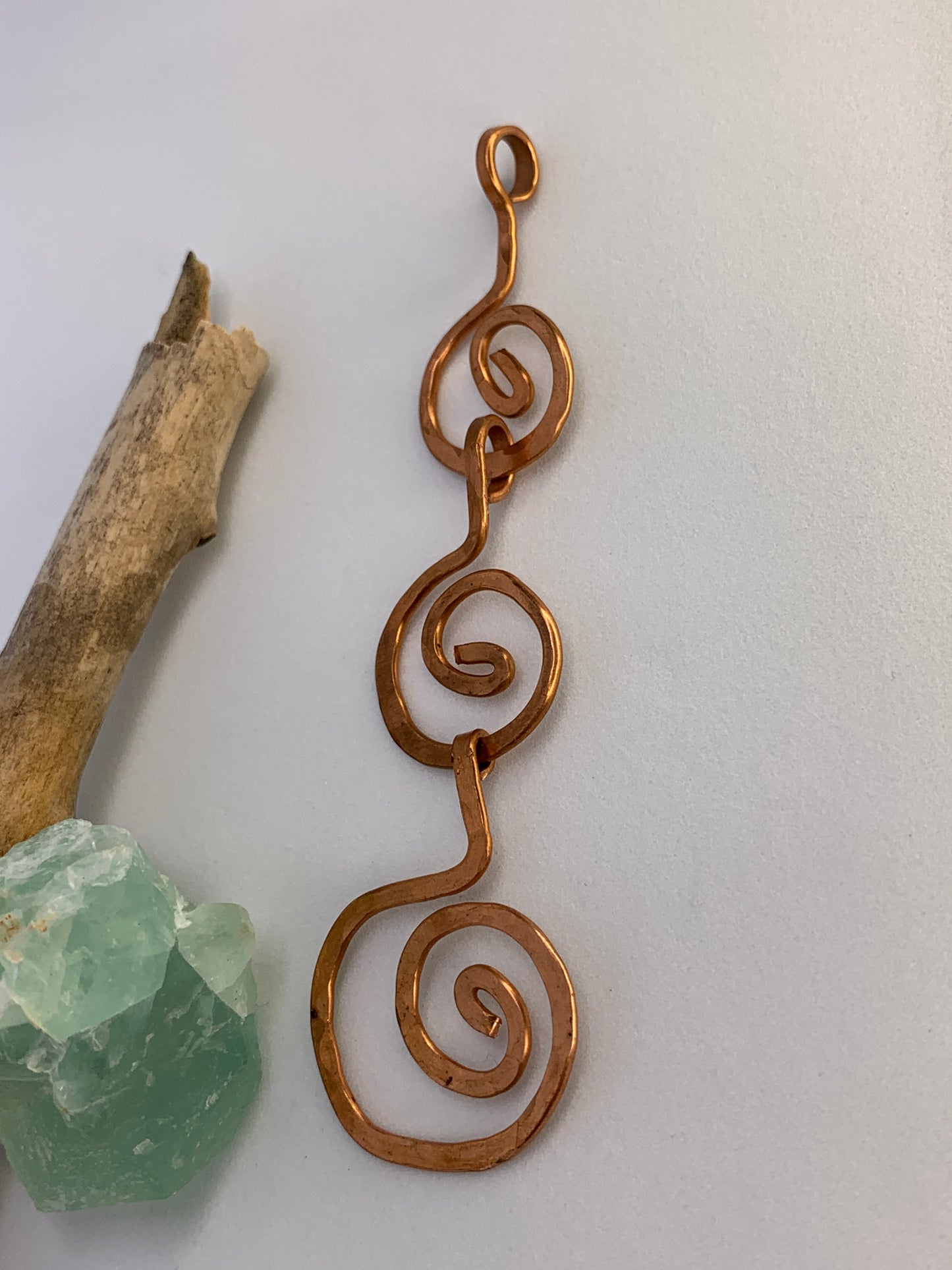 Large Geometric Unique Hammered Copper Spiral Trinity Pendant