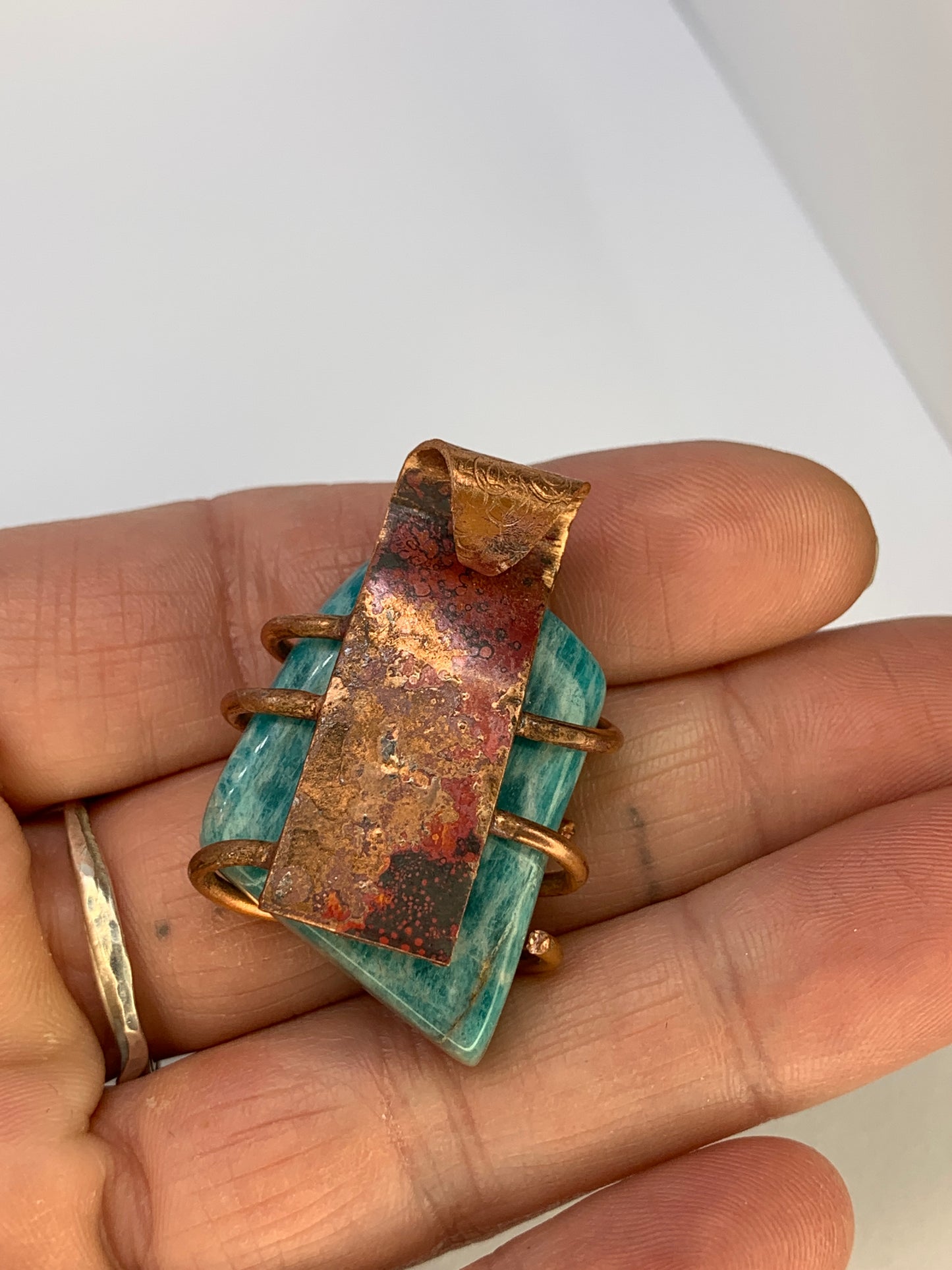 Huge Amazonite Copper Pendant Abstract Geometric Design