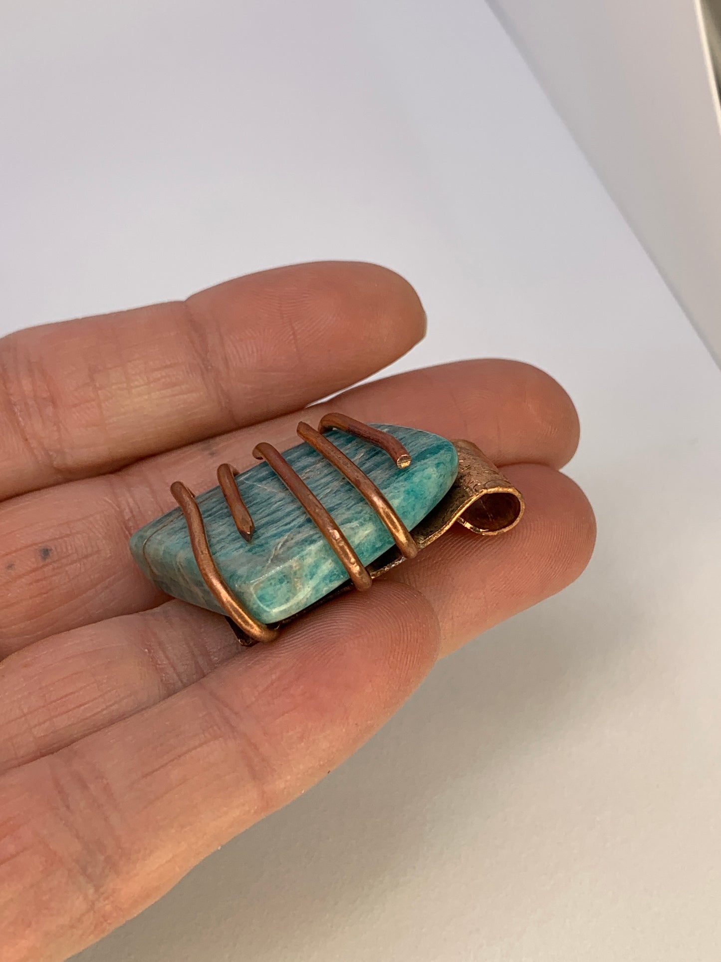 Huge Amazonite Copper Pendant Abstract Geometric Design