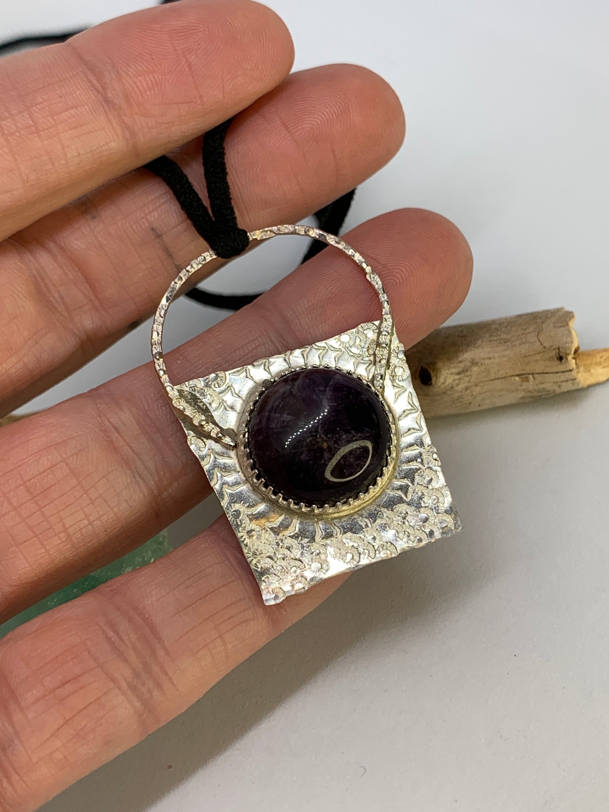 Large Geometric Abstract Sterling Silver Pendant with Amethyst Stone. Half circle design. Each piece is one of a kind and no two are alike. Handmade. 