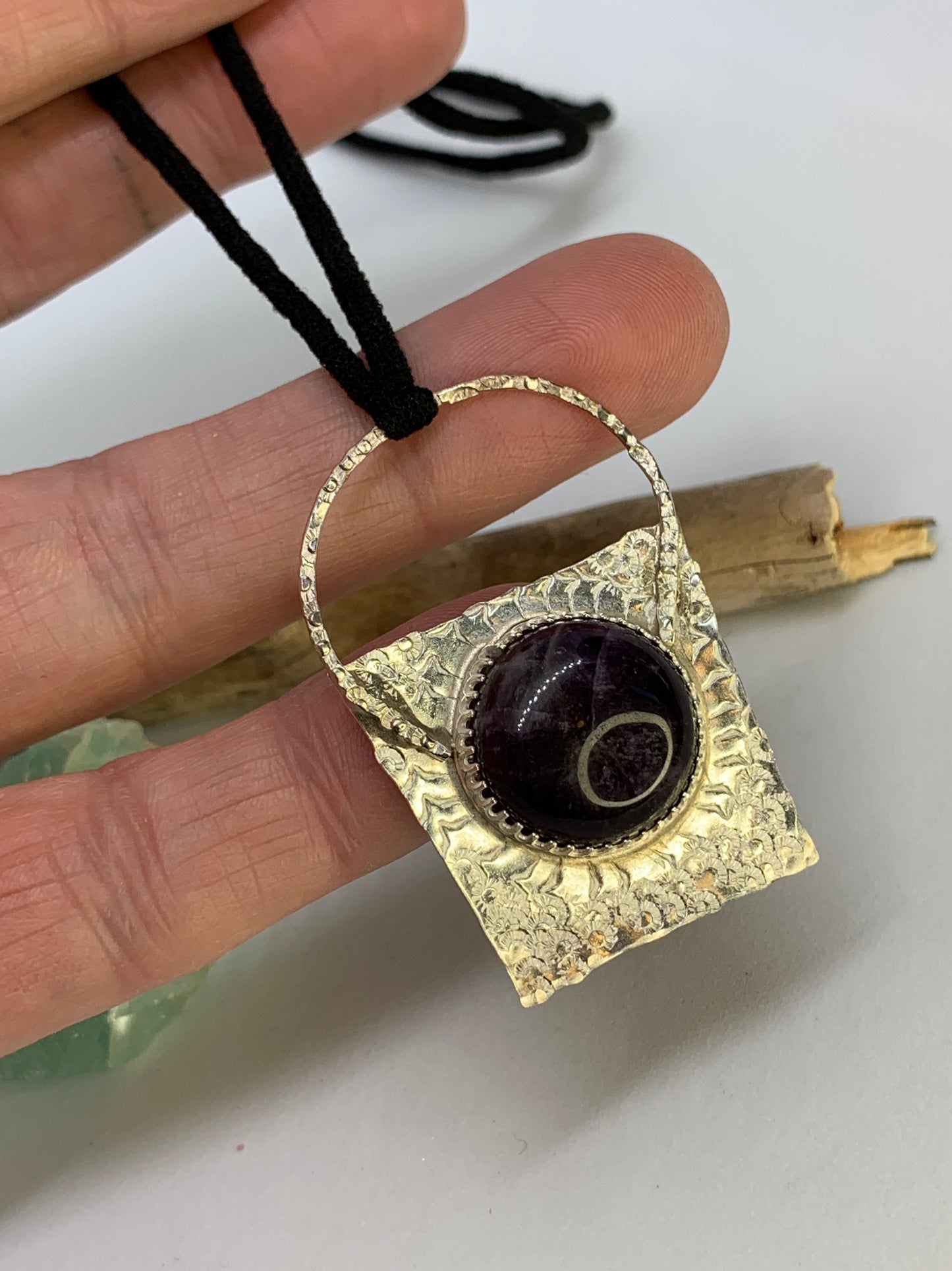 Large Geometric Abstract Sterling Silver Pendant with Amethyst Stone