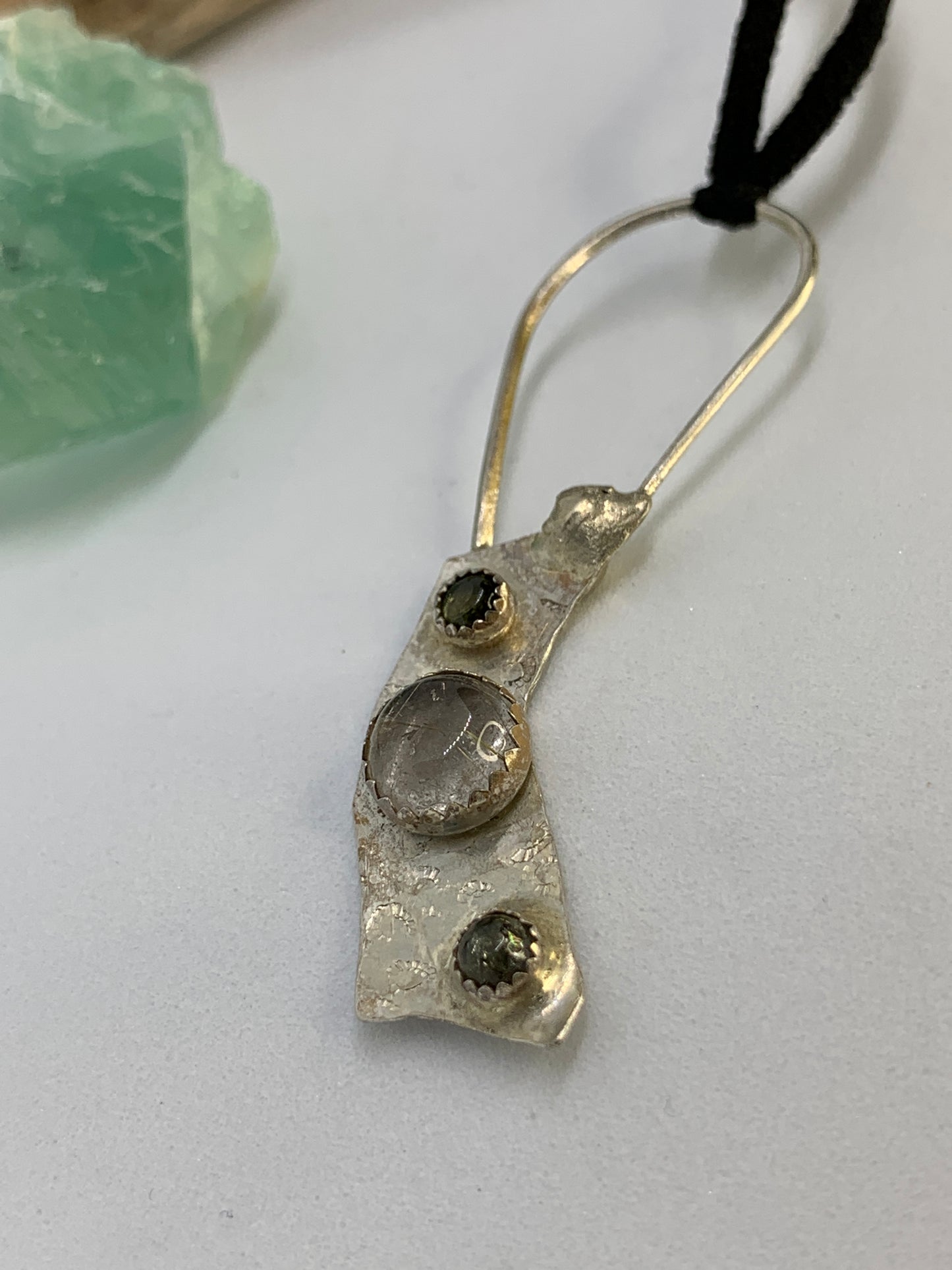 Sterling Silver Rutile Quartz and Green Tourmaline Pendant Necklace