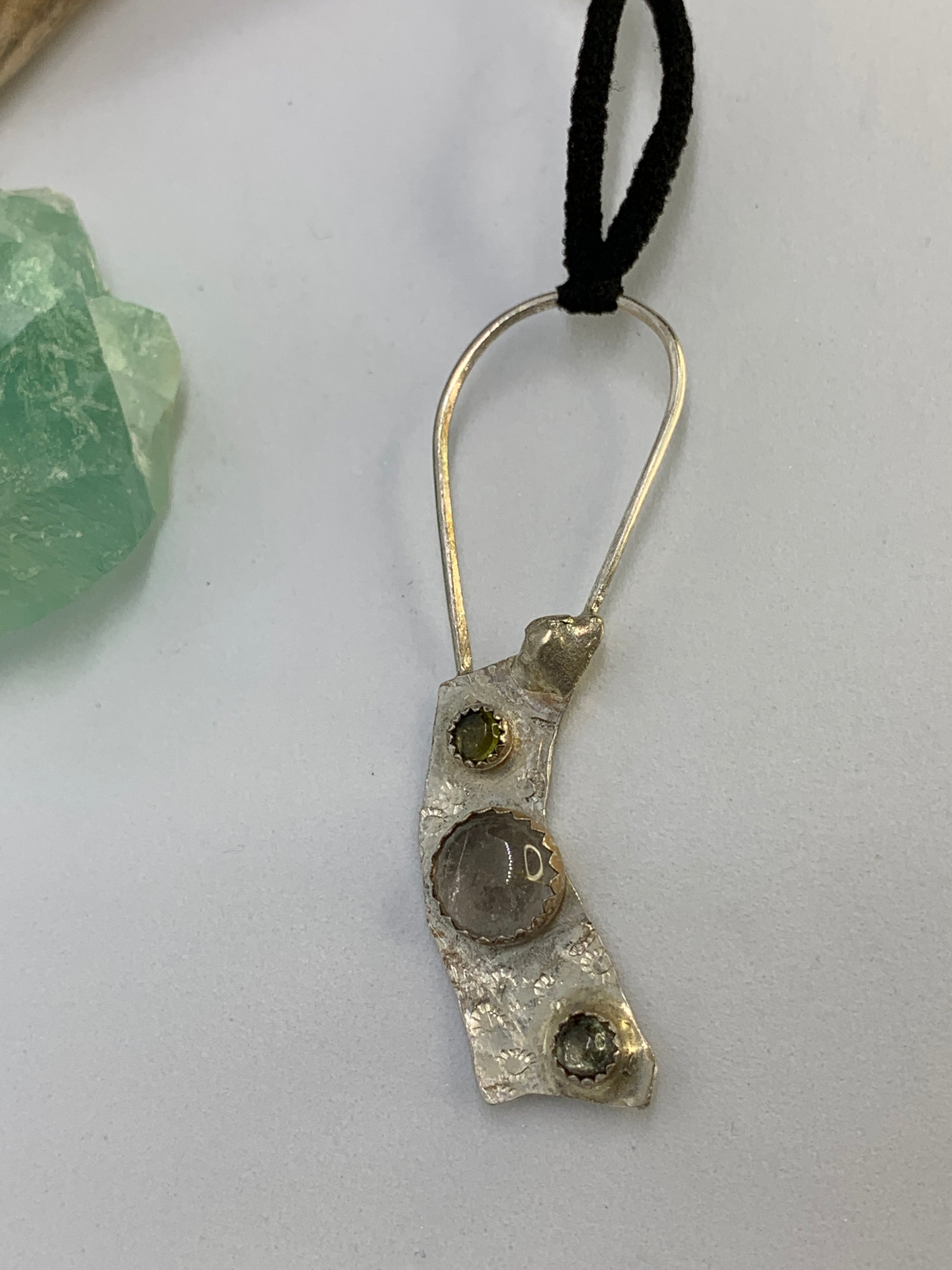 Geometric, abstract design. Sterling Silver Rutile Quartz Green Tourmaline Pendant Necklace. Handmade and one of a kind designer jewelry. Made in Colorado. 