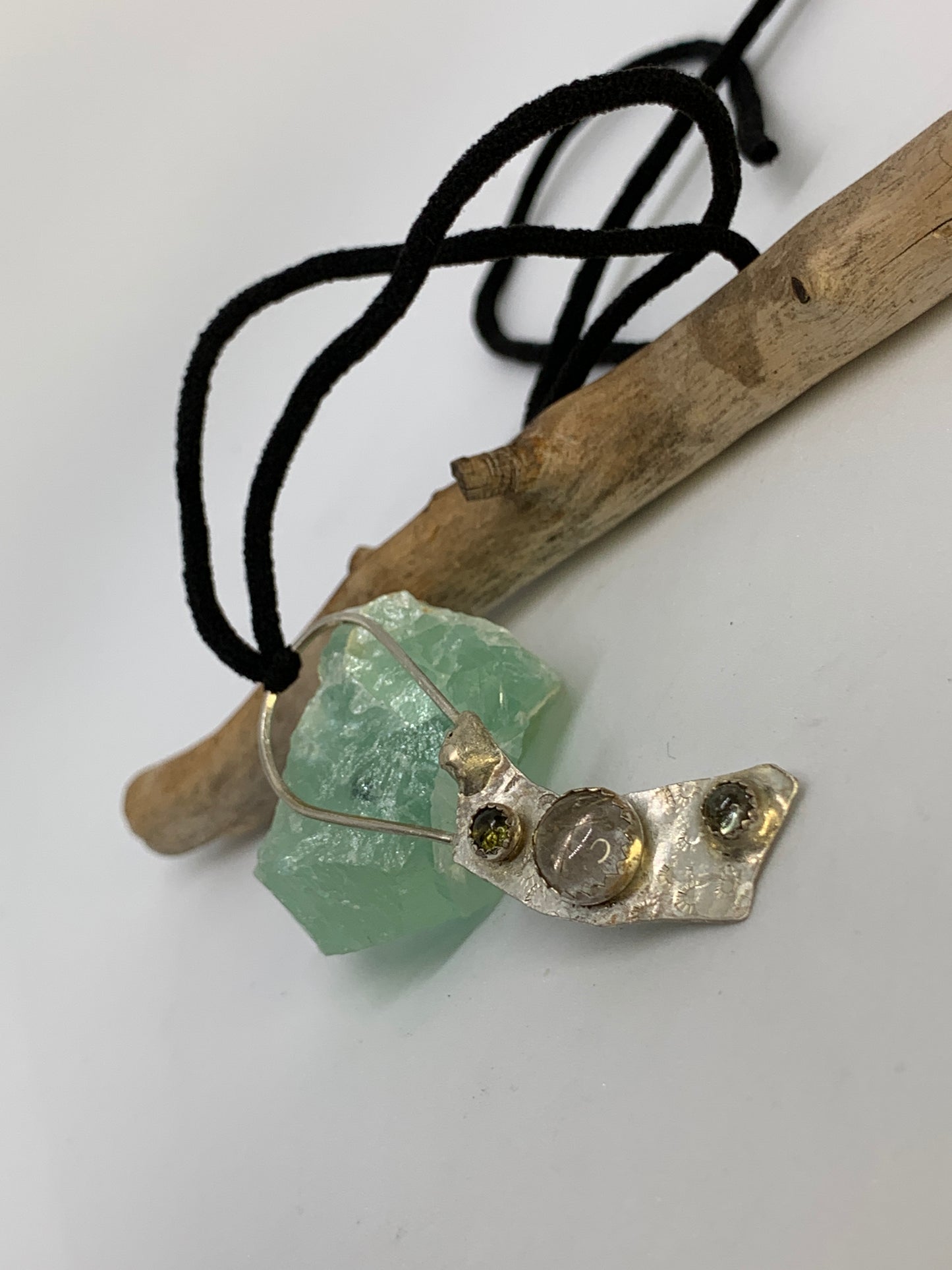 Sterling Silver Rutile Quartz and Green Tourmaline Pendant Necklace