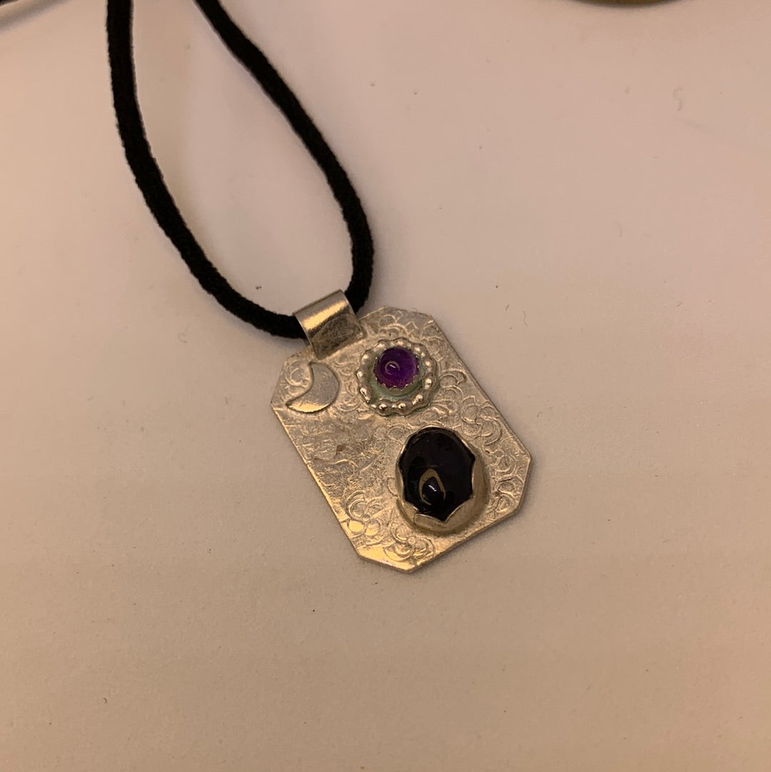 Sterling Silver Geometric Pendant Necklace Amethyst and Iolite