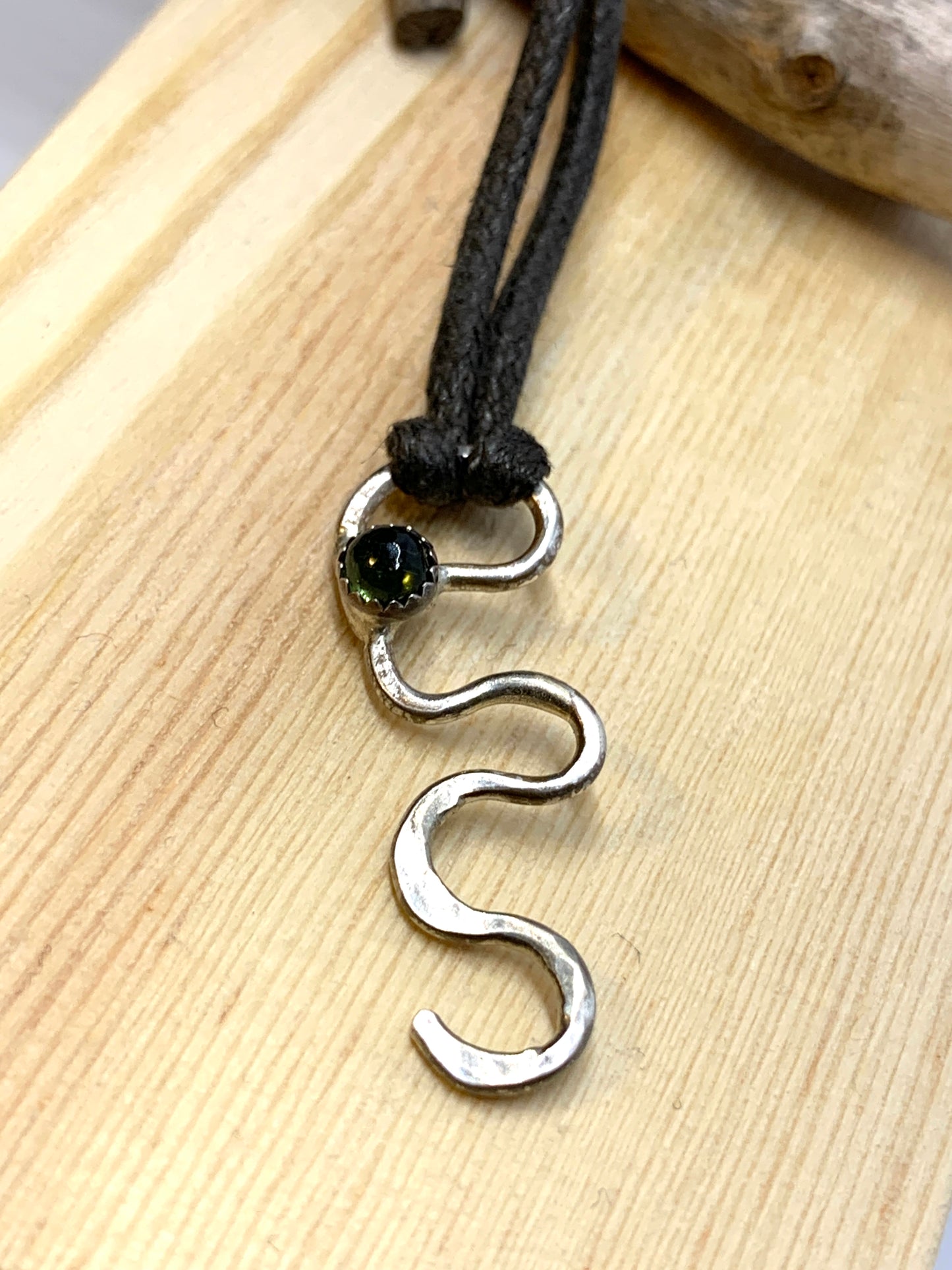 Geometric Spiral Snake Design Sterling Silver Minimalist Pendant Green Tourmaline Accent Stone