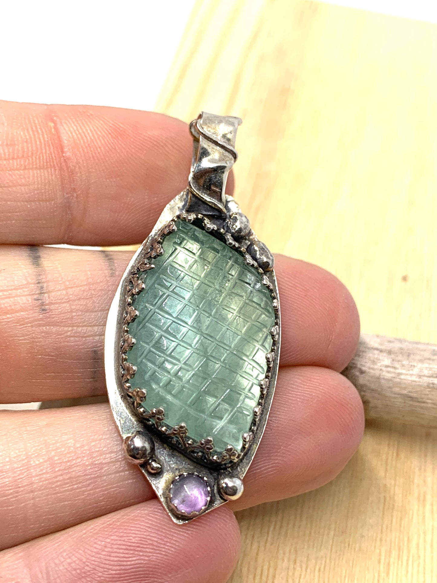 Carved Fluorite Amethyst Geometric Sterling Silver Pendant