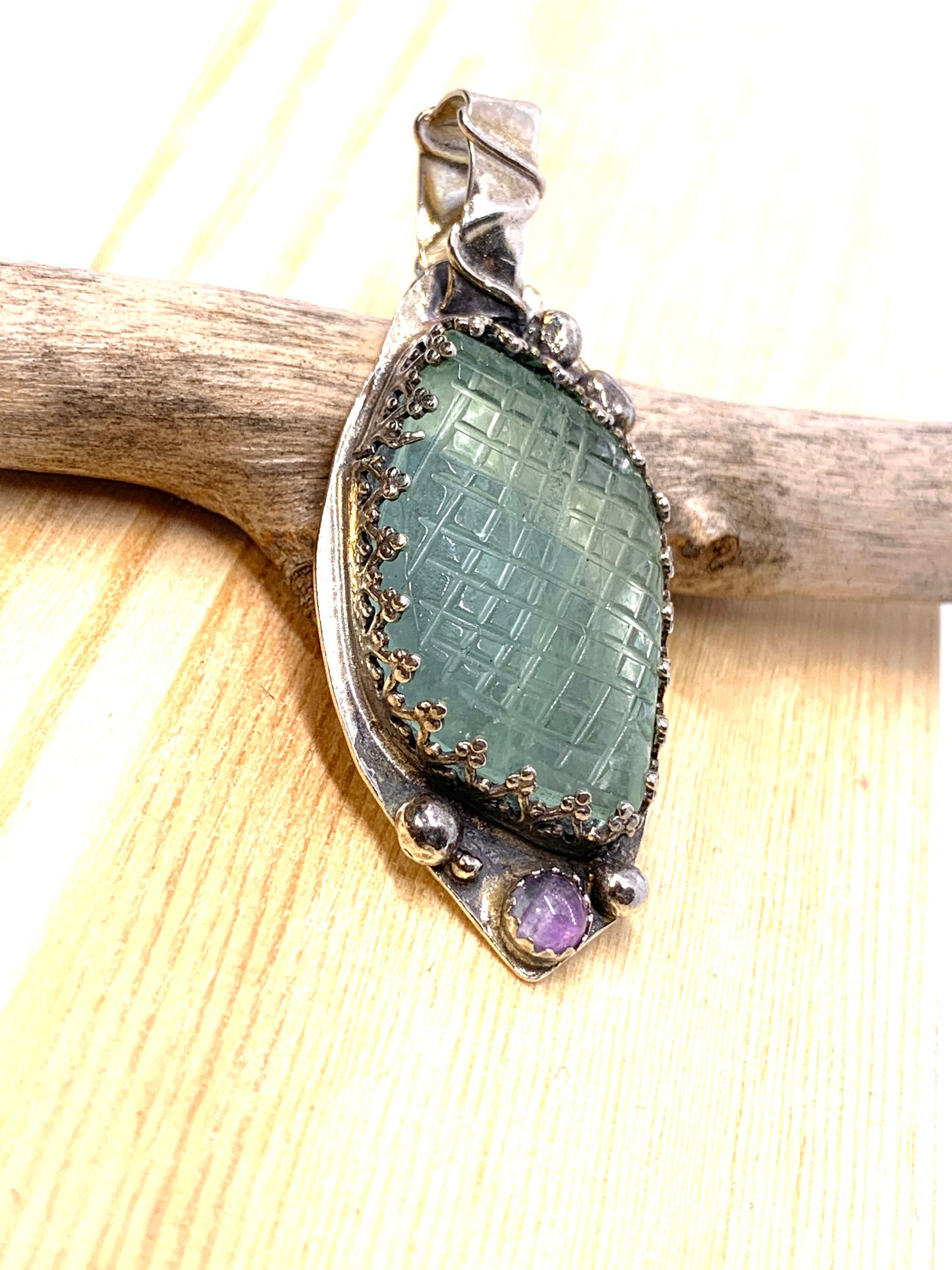 Carved Fluorite Amethyst Geometric Sterling Silver Pendant