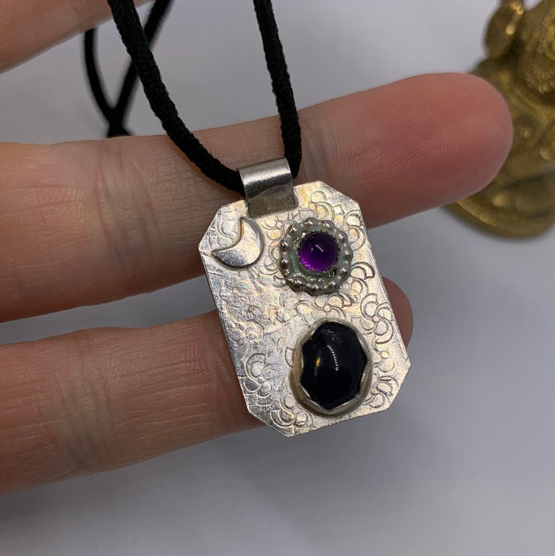 Sterling Silver Geometric Pendant Necklace Amethyst and Iolite