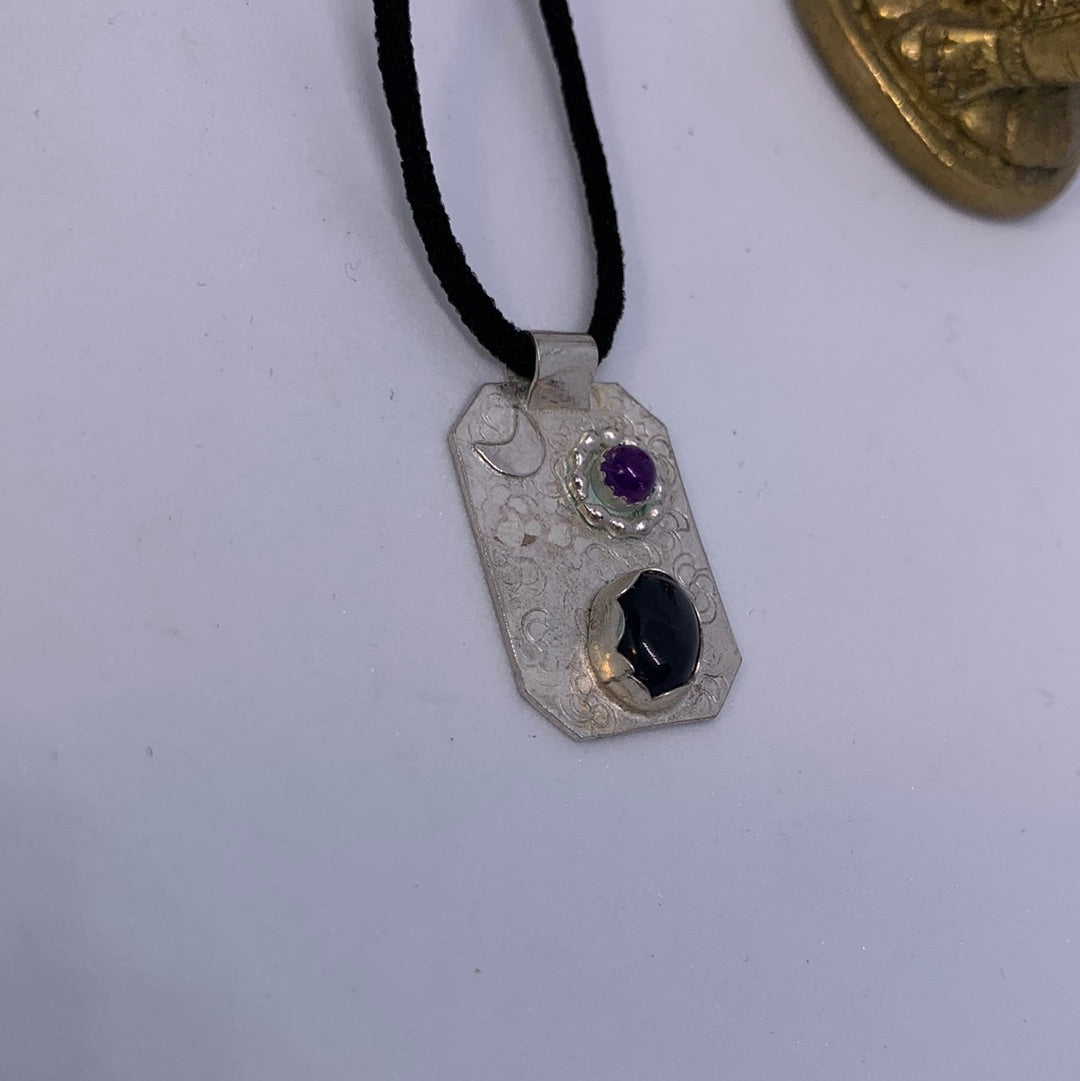 Sterling Silver Geometric Pendant Necklace Amethyst and Iolite